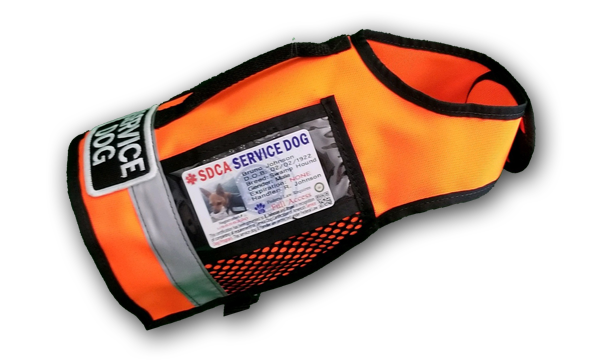 orange sport utility service dog vest with handle and large service dog patch and clip for inhaler engraved tag keys...clear pocket for id card, 4 pockets and reflective strip