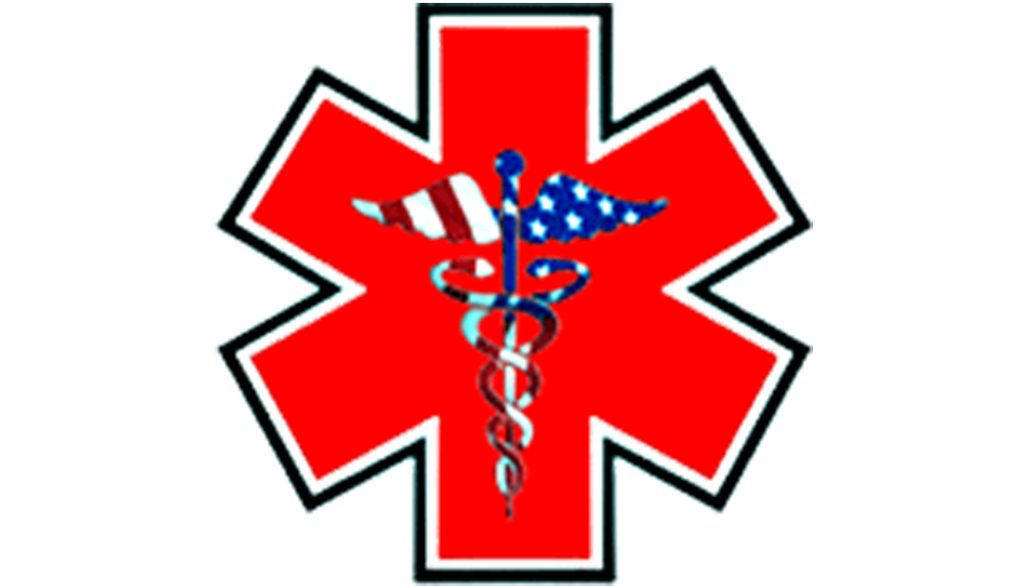 6 sided red service dog logo with an american flag caduceus inside